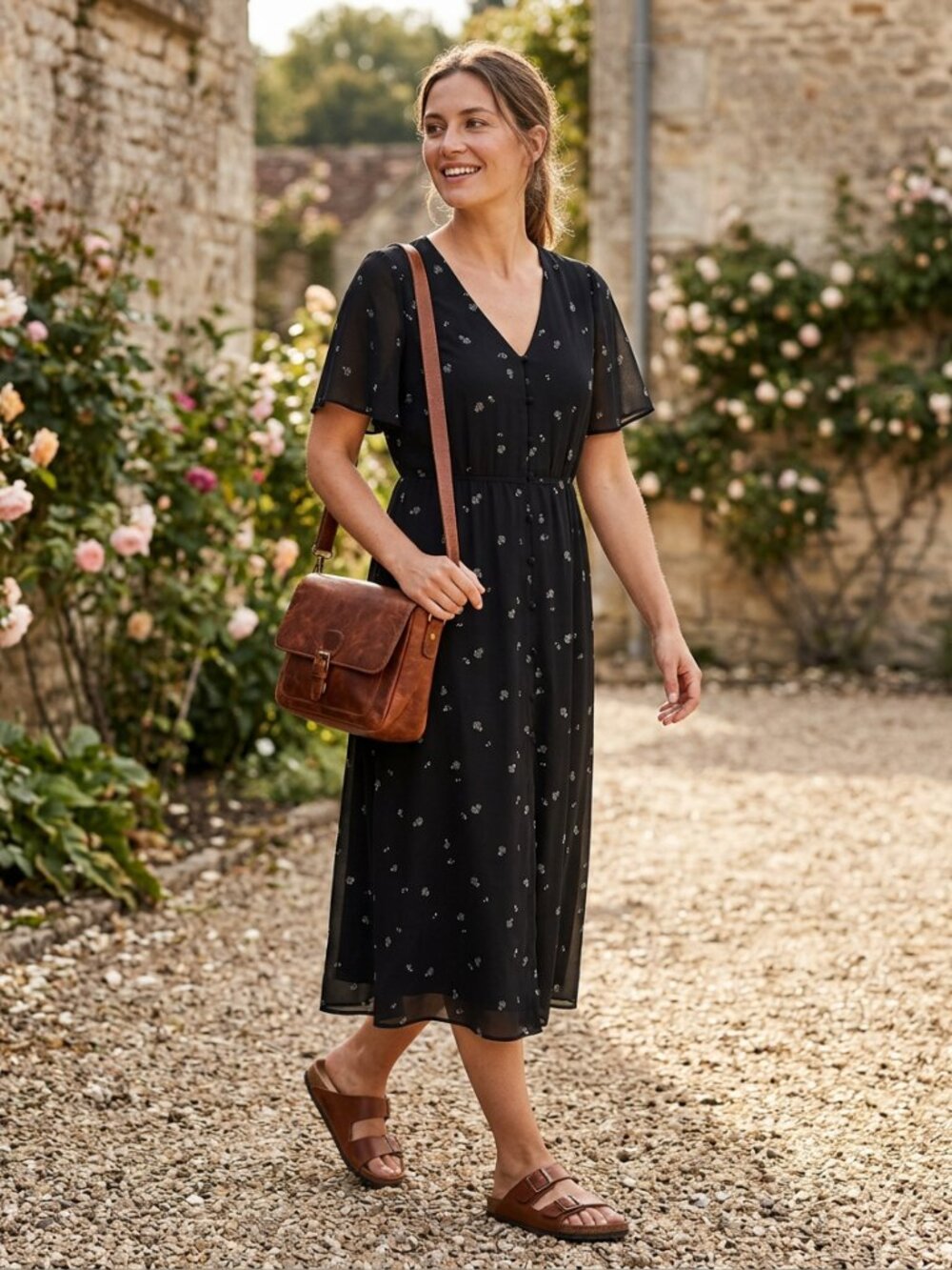 OAK & FORT Chiffon Black Floral Midi Dress